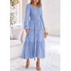 imagePRETTYGARDEN Fall Dresses for Women 2025 Casual Long Sleeve V Neck Smocked A Line Long Flowy Wedding Guest DressLight Blue