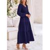 imagePRETTYGARDEN Fall Dresses for Women 2025 Casual Long Sleeve V Neck Smocked A Line Long Flowy Wedding Guest DressNavy