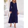 imagePRETTYGARDEN Fall Dresses for Women 2025 Casual Long Sleeve V Neck Smocked A Line Long Flowy Wedding Guest DressNavy