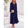 imagePRETTYGARDEN Fall Dresses for Women 2025 Casual Long Sleeve V Neck Smocked A Line Long Flowy Wedding Guest DressNavy