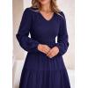 imagePRETTYGARDEN Fall Dresses for Women 2025 Casual Long Sleeve V Neck Smocked A Line Long Flowy Wedding Guest DressNavy