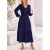 imagePRETTYGARDEN Fall Dresses for Women 2025 Casual Long Sleeve V Neck Smocked A Line Long Flowy Wedding Guest DressNavy