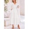 imagePRETTYGARDEN Fall Dresses for Women 2025 Casual Long Sleeve V Neck Smocked A Line Long Flowy Wedding Guest DressWhite