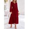 imagePRETTYGARDEN Fall Dresses for Women 2025 Casual Long Sleeve V Neck Smocked A Line Long Flowy Wedding Guest DressWine Red