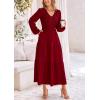 imagePRETTYGARDEN Fall Dresses for Women 2025 Casual Long Sleeve V Neck Smocked A Line Long Flowy Wedding Guest DressWine Red