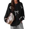 imagePRETTYGARDEN Fall Long Sleeve Pullover Sweaters for Women 2025 Trendy Crewneck Casual Cute Bow Chunky Knit Oversized SweaterBlack