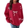 imagePRETTYGARDEN Fall Long Sleeve Pullover Sweaters for Women 2025 Trendy Crewneck Casual Cute Bow Chunky Knit Oversized SweaterRed