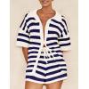 imagePRETTYGARDEN Womens 2 Piece Shorts Sets Casual Summer 2025 Short Sleeve Striped Sweater Set Matching Beach Vacation OutfitBlue