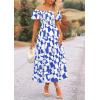 imagePRETTYGARDEN Womens 2025 Summer Boho Midi Dress Off Shoulder Puff Sleeve Print Smocked Ruffle Beach Long Flowy DressesBlue