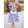imagePRETTYGARDEN Womens 2025 Summer Boho Midi Dress Off Shoulder Puff Sleeve Print Smocked Ruffle Beach Long Flowy DressesBlue