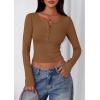 imagePRETTYGARDEN Womens 2025 Summer Long Sleeve Henley T Shirts Ribbed Knit Button Slim Fitted Basic Casual Going Out Fall TopsBrown