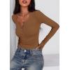 imagePRETTYGARDEN Womens 2025 Summer Long Sleeve Henley T Shirts Ribbed Knit Button Slim Fitted Basic Casual Going Out Fall TopsBrown