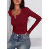 imagePRETTYGARDEN Womens 2025 Summer Long Sleeve Henley T Shirts Ribbed Knit Button Slim Fitted Basic Casual Going Out Fall TopsWine Red