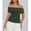 imagePRETTYGARDEN Womens 2025 Summer Off Shoulder Sweater Tops Ribbed Knit Short Sleeve Trendy Going Out Date Night BlouseArmy Green