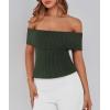 imagePRETTYGARDEN Womens 2025 Summer Off Shoulder Sweater Tops Ribbed Knit Short Sleeve Trendy Going Out Date Night BlouseArmy Green