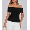 imagePRETTYGARDEN Womens 2025 Summer Off Shoulder Sweater Tops Ribbed Knit Short Sleeve Trendy Going Out Date Night BlouseBlack