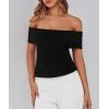 imagePRETTYGARDEN Womens 2025 Summer Off Shoulder Sweater Tops Ribbed Knit Short Sleeve Trendy Going Out Date Night BlouseBlack