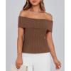 imagePRETTYGARDEN Womens 2025 Summer Off Shoulder Sweater Tops Ribbed Knit Short Sleeve Trendy Going Out Date Night BlouseCoffee
