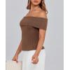 imagePRETTYGARDEN Womens 2025 Summer Off Shoulder Sweater Tops Ribbed Knit Short Sleeve Trendy Going Out Date Night BlouseCoffee
