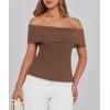 imagePRETTYGARDEN Womens 2025 Summer Off Shoulder Sweater Tops Ribbed Knit Short Sleeve Trendy Going Out Date Night BlouseCoffee
