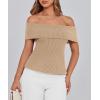 imagePRETTYGARDEN Womens 2025 Summer Off Shoulder Sweater Tops Ribbed Knit Short Sleeve Trendy Going Out Date Night BlouseKhaki