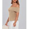 imagePRETTYGARDEN Womens 2025 Summer Off Shoulder Sweater Tops Ribbed Knit Short Sleeve Trendy Going Out Date Night BlouseKhaki