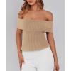 imagePRETTYGARDEN Womens 2025 Summer Off Shoulder Sweater Tops Ribbed Knit Short Sleeve Trendy Going Out Date Night BlouseKhaki