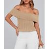 imagePRETTYGARDEN Womens 2025 Summer Off Shoulder Sweater Tops Ribbed Knit Short Sleeve Trendy Going Out Date Night BlouseKhaki