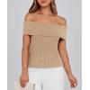 imagePRETTYGARDEN Womens 2025 Summer Off Shoulder Sweater Tops Ribbed Knit Short Sleeve Trendy Going Out Date Night BlouseKhaki