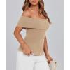 imagePRETTYGARDEN Womens 2025 Summer Off Shoulder Sweater Tops Ribbed Knit Short Sleeve Trendy Going Out Date Night BlouseKhaki