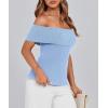 imagePRETTYGARDEN Womens 2025 Summer Off Shoulder Sweater Tops Ribbed Knit Short Sleeve Trendy Going Out Date Night BlouseLight Blue