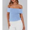 imagePRETTYGARDEN Womens 2025 Summer Off Shoulder Sweater Tops Ribbed Knit Short Sleeve Trendy Going Out Date Night BlouseLight Blue