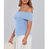 imagePRETTYGARDEN Womens 2025 Summer Off Shoulder Sweater Tops Ribbed Knit Short Sleeve Trendy Going Out Date Night BlouseLight Blue