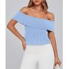imagePRETTYGARDEN Womens 2025 Summer Off Shoulder Sweater Tops Ribbed Knit Short Sleeve Trendy Going Out Date Night BlouseLight Blue