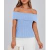 imagePRETTYGARDEN Womens 2025 Summer Off Shoulder Sweater Tops Ribbed Knit Short Sleeve Trendy Going Out Date Night BlouseLight Blue