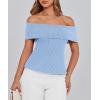 imagePRETTYGARDEN Womens 2025 Summer Off Shoulder Sweater Tops Ribbed Knit Short Sleeve Trendy Going Out Date Night BlouseLight Blue