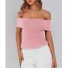 imagePRETTYGARDEN Womens 2025 Summer Off Shoulder Sweater Tops Ribbed Knit Short Sleeve Trendy Going Out Date Night BlousePink
