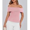 imagePRETTYGARDEN Womens 2025 Summer Off Shoulder Sweater Tops Ribbed Knit Short Sleeve Trendy Going Out Date Night BlousePink