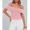 imagePRETTYGARDEN Womens 2025 Summer Off Shoulder Sweater Tops Ribbed Knit Short Sleeve Trendy Going Out Date Night BlousePink