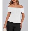 imagePRETTYGARDEN Womens 2025 Summer Off Shoulder Sweater Tops Ribbed Knit Short Sleeve Trendy Going Out Date Night BlouseWhite