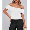 imagePRETTYGARDEN Womens 2025 Summer Off Shoulder Sweater Tops Ribbed Knit Short Sleeve Trendy Going Out Date Night BlouseWhite