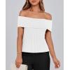 imagePRETTYGARDEN Womens 2025 Summer Off Shoulder Sweater Tops Ribbed Knit Short Sleeve Trendy Going Out Date Night BlouseWhite