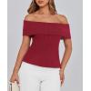imagePRETTYGARDEN Womens 2025 Summer Off Shoulder Sweater Tops Ribbed Knit Short Sleeve Trendy Going Out Date Night BlouseWine Red
