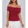 imagePRETTYGARDEN Womens 2025 Summer Off Shoulder Sweater Tops Ribbed Knit Short Sleeve Trendy Going Out Date Night BlouseWine Red