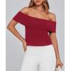 imagePRETTYGARDEN Womens 2025 Summer Off Shoulder Sweater Tops Ribbed Knit Short Sleeve Trendy Going Out Date Night BlouseWine Red