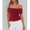 imagePRETTYGARDEN Womens 2025 Summer Off Shoulder Sweater Tops Ribbed Knit Short Sleeve Trendy Going Out Date Night BlouseWine Red