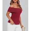 imagePRETTYGARDEN Womens 2025 Summer Off Shoulder Sweater Tops Ribbed Knit Short Sleeve Trendy Going Out Date Night BlouseWine Red