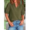 imagePRETTYGARDEN Womens Casual Summer Tops 2025 V Neck Short Puff Sleeve Pleated Cotton T Shirts Loose Dressy BlousesArmy Green