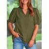 imagePRETTYGARDEN Womens Casual Summer Tops 2025 V Neck Short Puff Sleeve Pleated Cotton T Shirts Loose Dressy BlousesArmy Green