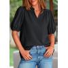 imagePRETTYGARDEN Womens Casual Summer Tops 2025 V Neck Short Puff Sleeve Pleated Cotton T Shirts Loose Dressy BlousesBlack
